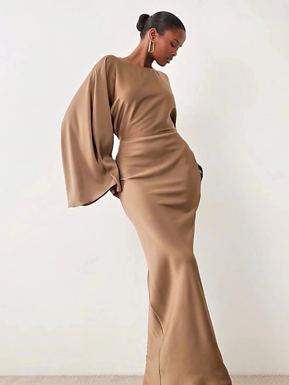 ASOS DESIGN shoulder pad slinky maxi dress with sweeping drape detail Brown Size